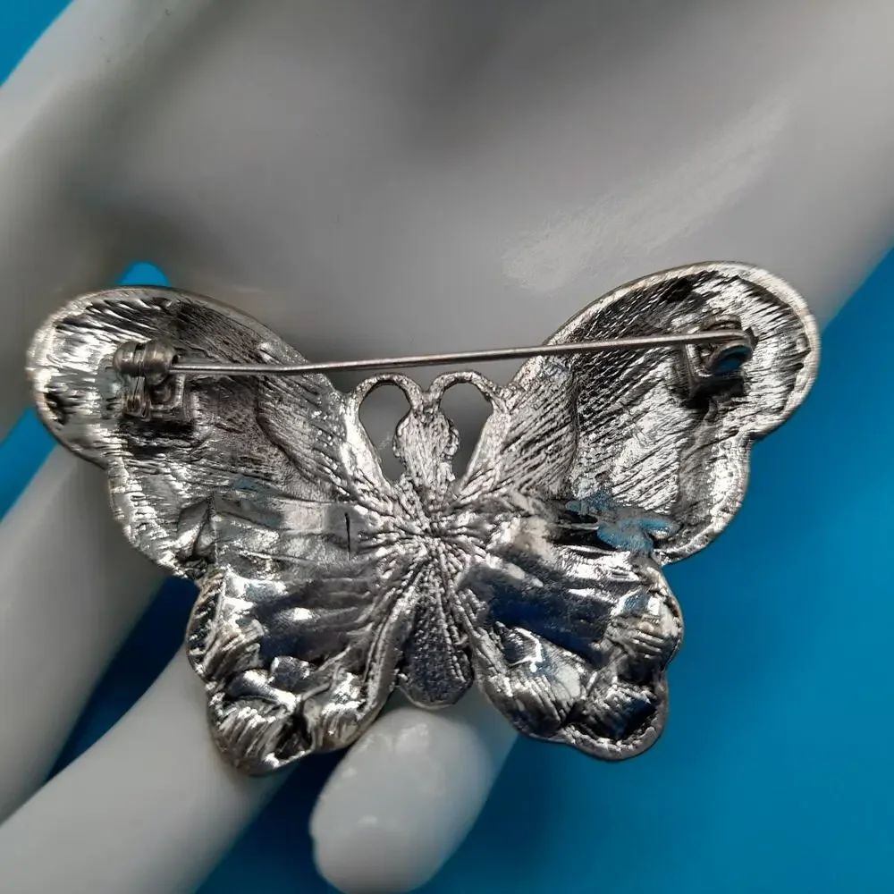 Vintage Enamel Butterfly Brooch, Metallic Teal, Aurora Borealis Rhinestones